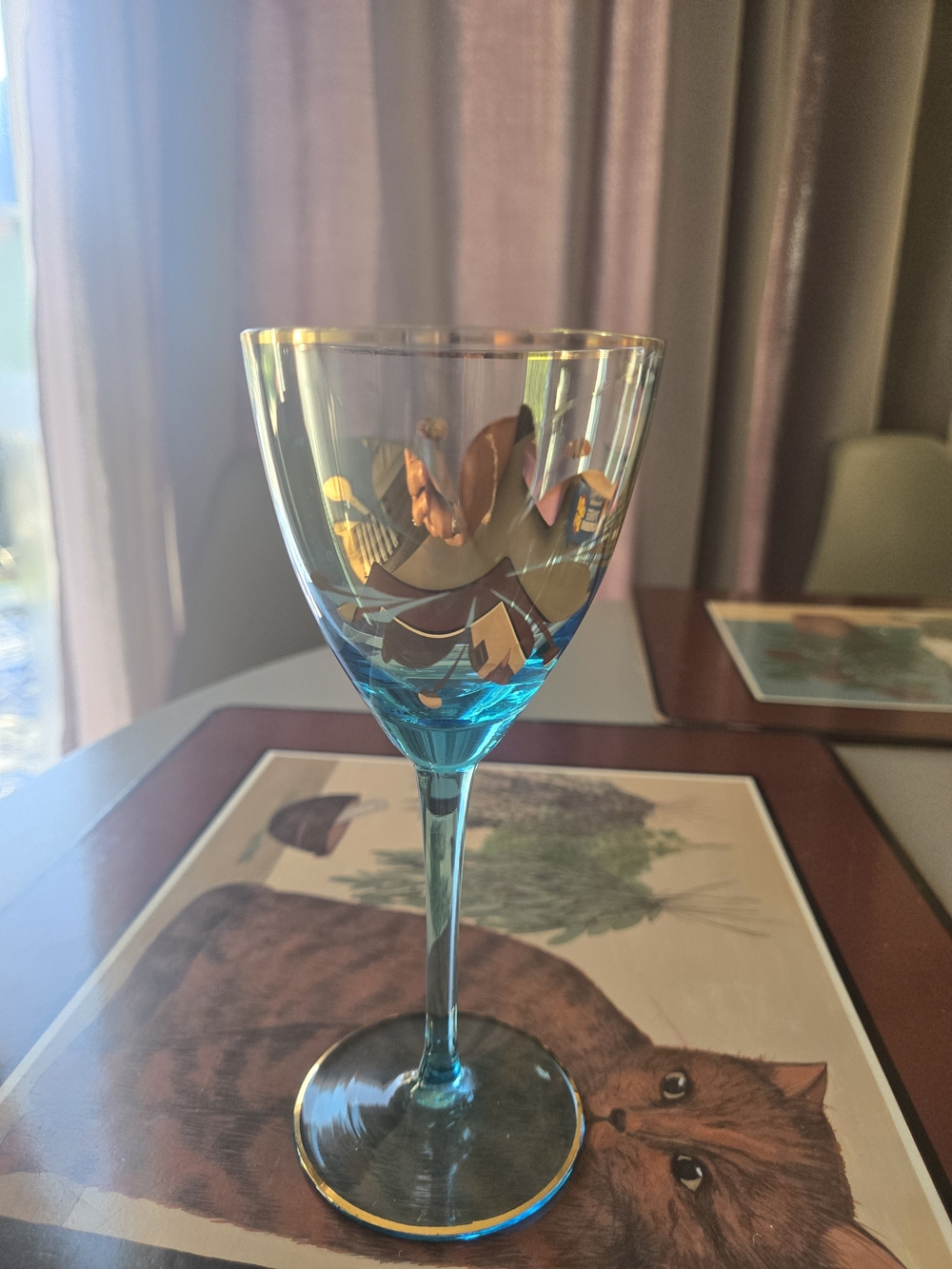 Vintage Romanian Blue Glass Wine Goblet With 22k Gold Floral Pattern